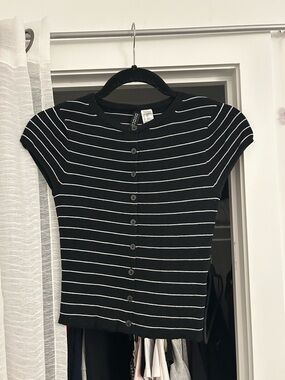 Black and White Striped Button-Up Knit Top